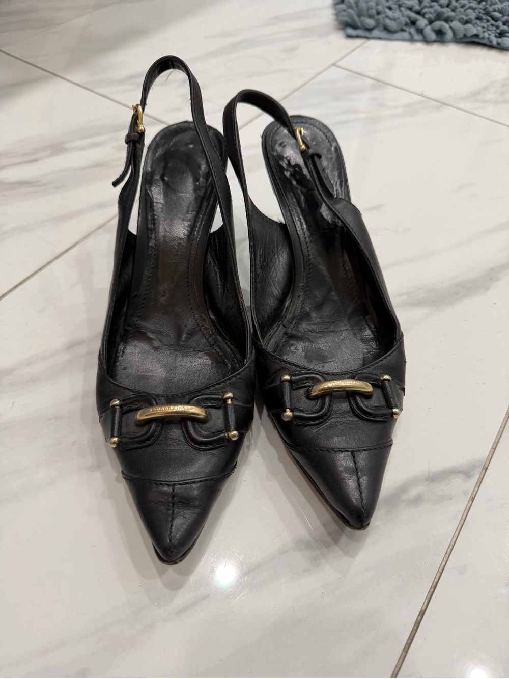 Burberry Black Leather Pointed Slingback Heels with Gold Accents